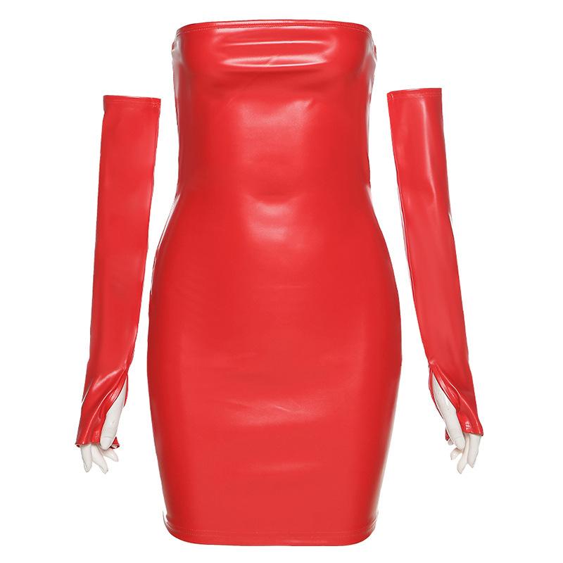 Spring Summer Sexy PU Strapless Women Solid Color Slash Neck Club Style Hip Short Dress