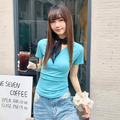 V-neck T-shirt for Women Short-sleeved Summer New Design Pleated Waist Slim Fit Slim Inner Top for Women Summer