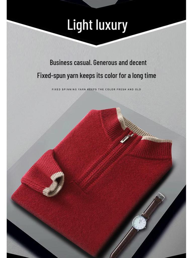 Men's Autumn/Winter Wool Knit Zipper Pullover - Seven-Needle Thickened Half-High Collar Sweater