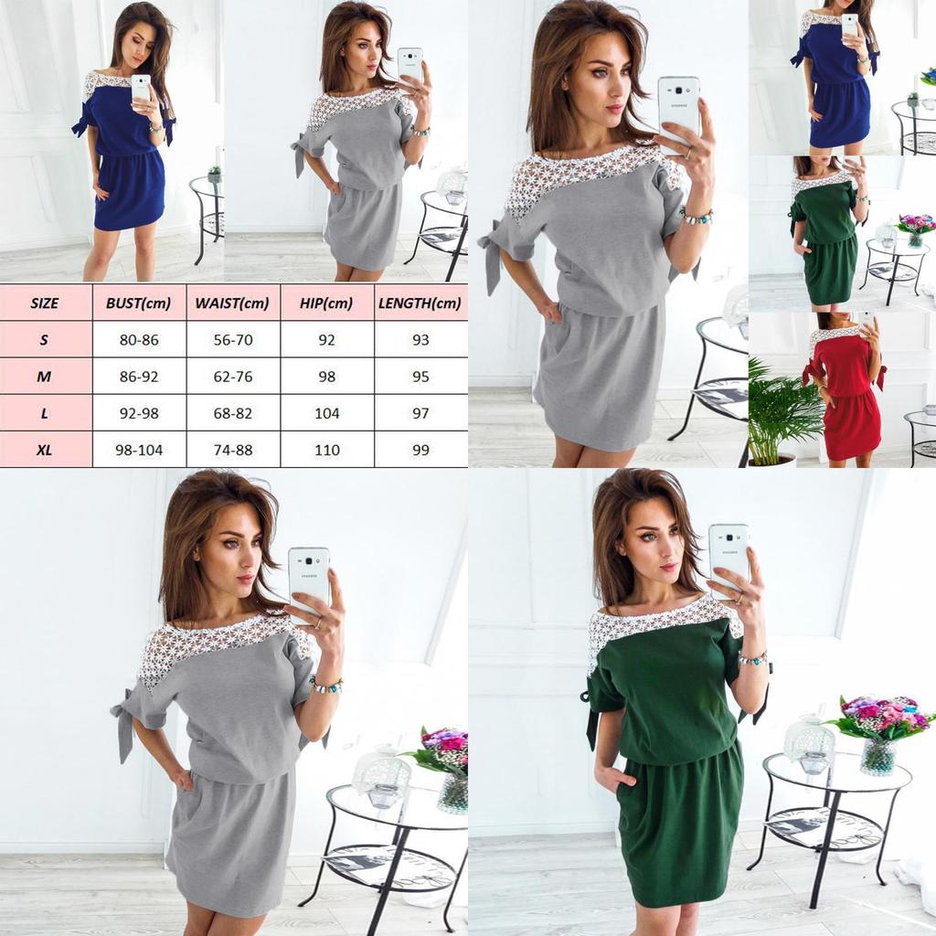 Elegant Women Vintage Dress Lace O-neck With Patchwork Hollow Out Short Sleeves