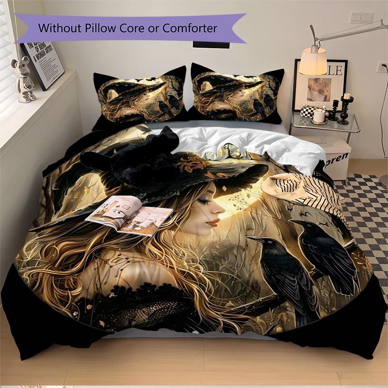 3pcs Witch's Moonlit Journey Bedding Set - Includes Quilt Cover and Pillowcases, Suitable for All Seasons,