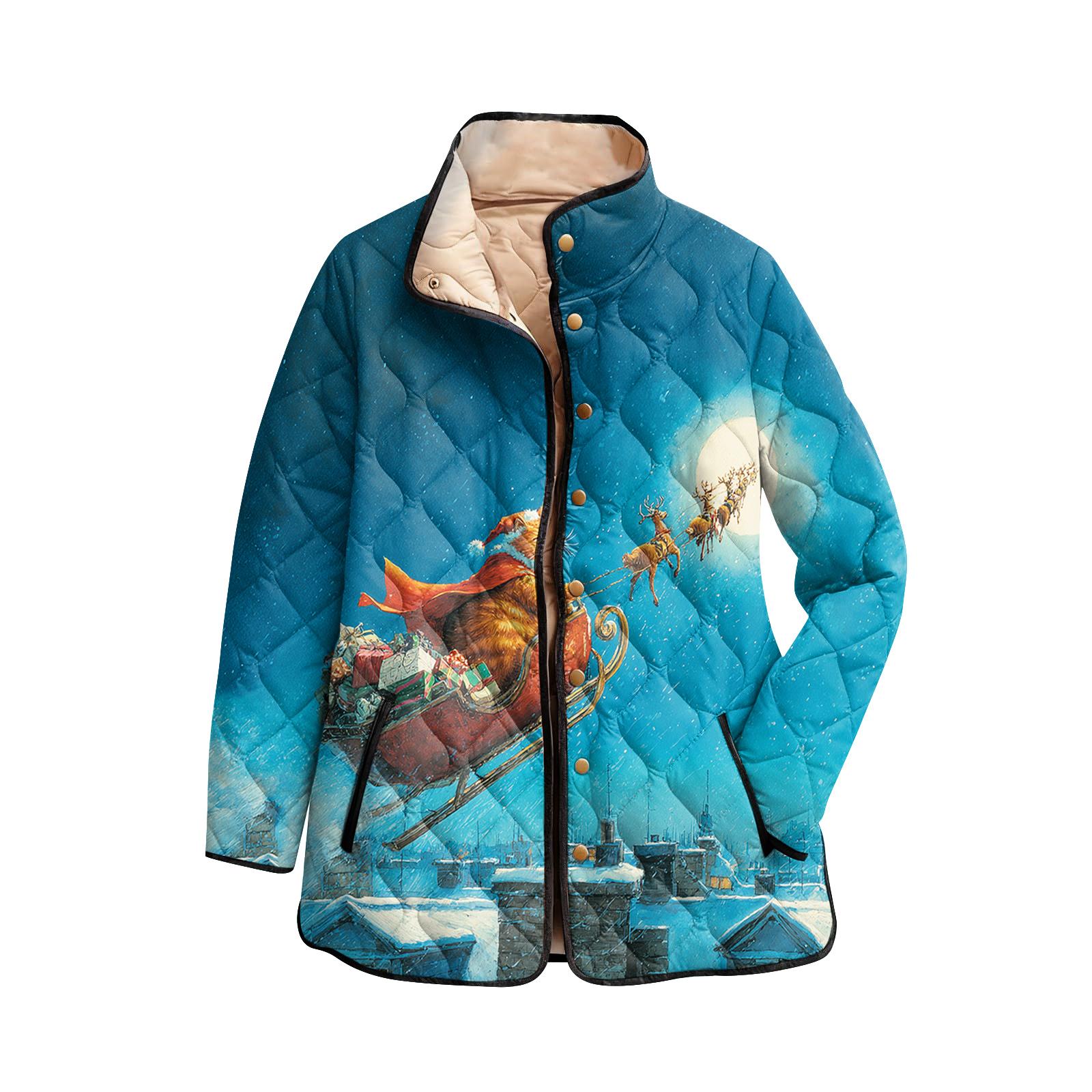 

Женское хлопковое пальто на пуговицах с высоким воротником, рождественским принтом, с подкладкой и длинными рукавами L синий