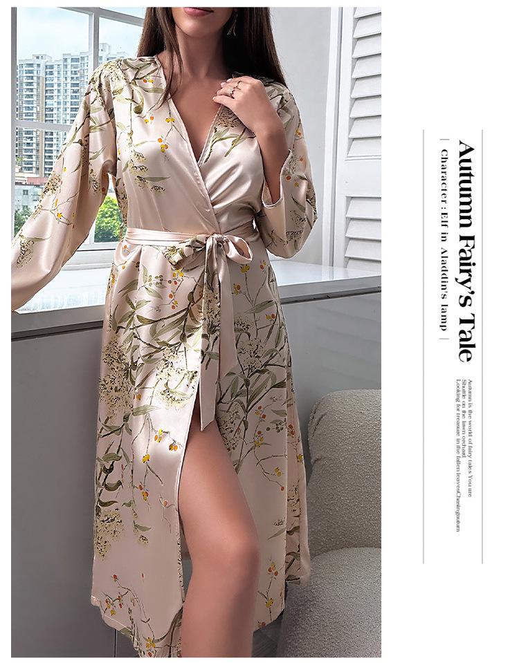 Cherry Print Ice Silk Bathrobe for Women - Summer Breathable, Stylish, Long Sleeve Tie-Up Pajamas