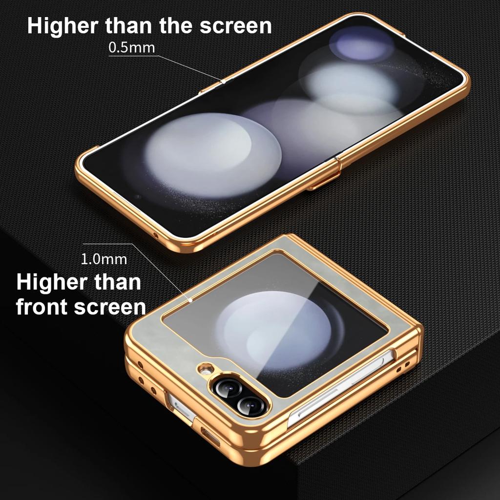 PU Leather Phone Case for Samsung Z Flip 7 fe 6 5 4 3 Flip6 Flip5 Flip4 Flip3 Hinge Protective Gold Frame Cover