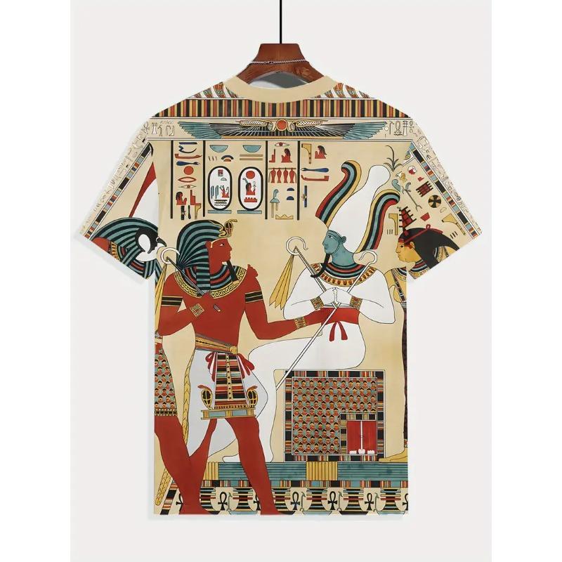 Large Men's Egyptian Pharaoh Mural Pattern 3D Printed Men's Round Neck Short Sleeved T-shirt Summer Fashion T-shirt Casual Comfortable Versatile Top