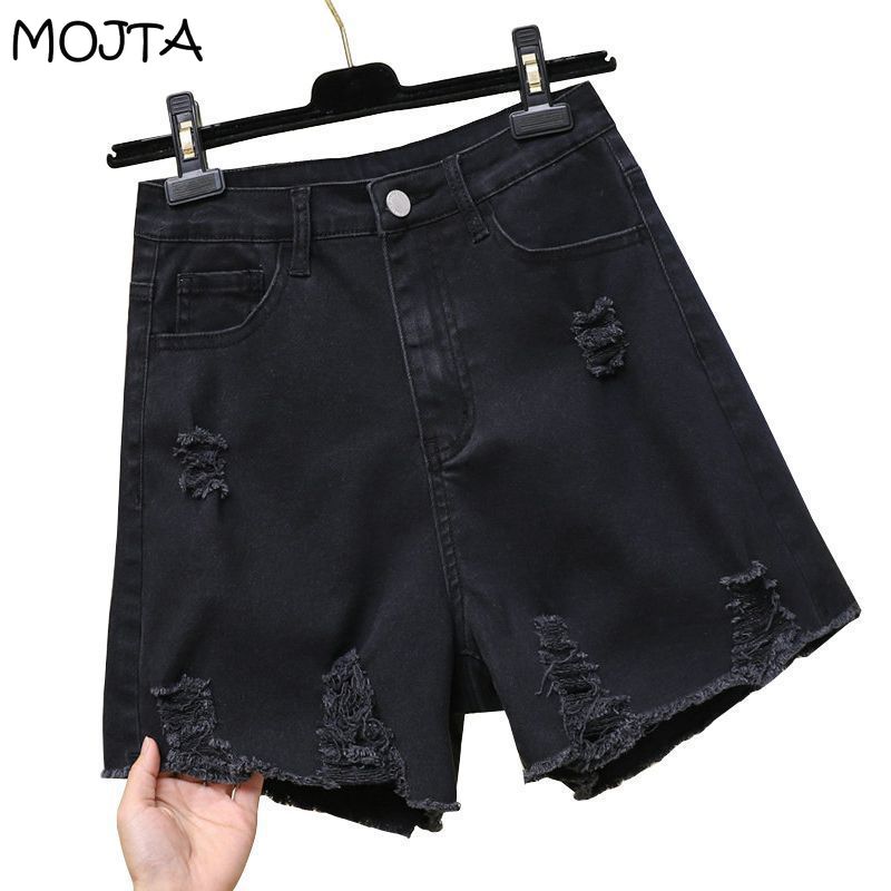 Kadın Yaz Moda Yüksek Bel Kot Şort Pantolon Geniş Bacak Tüm Maç Rahat Delik Jean Şort Artı Boyutu