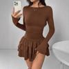 IHUASU Fashion Autumn Winter Solid Color Print Long Sleeve O-Neck Casual Dresses Unique design