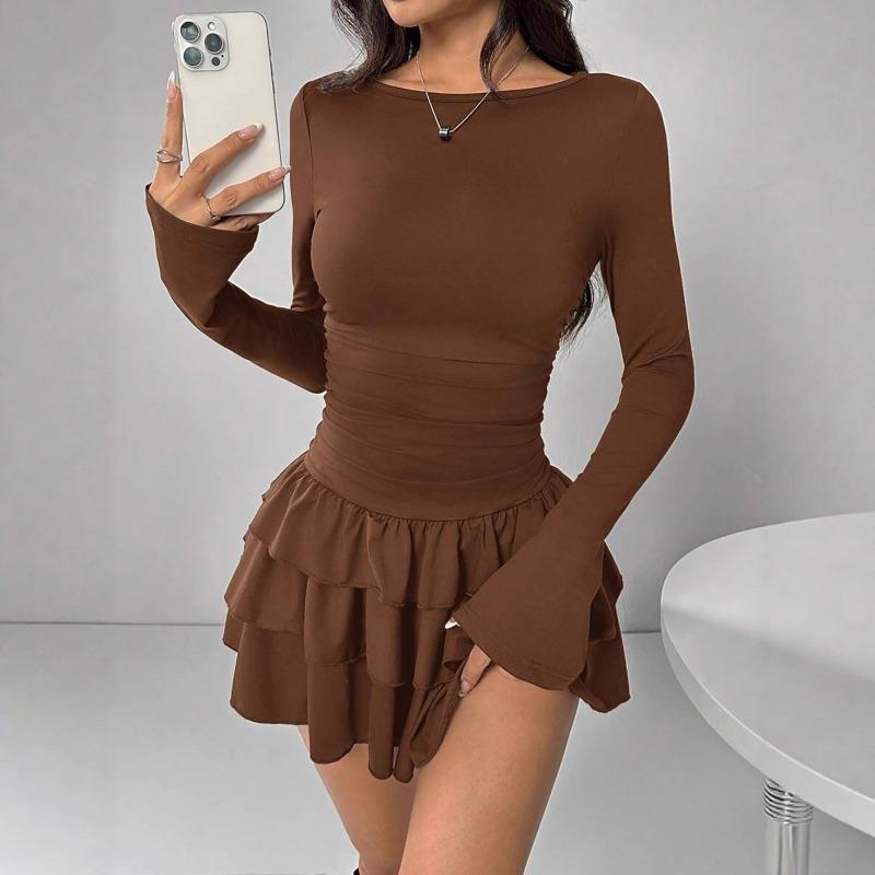 IHUASU Fashion Autumn Winter Solid Color Print Long Sleeve O-Neck Casual Dresses Unique design
