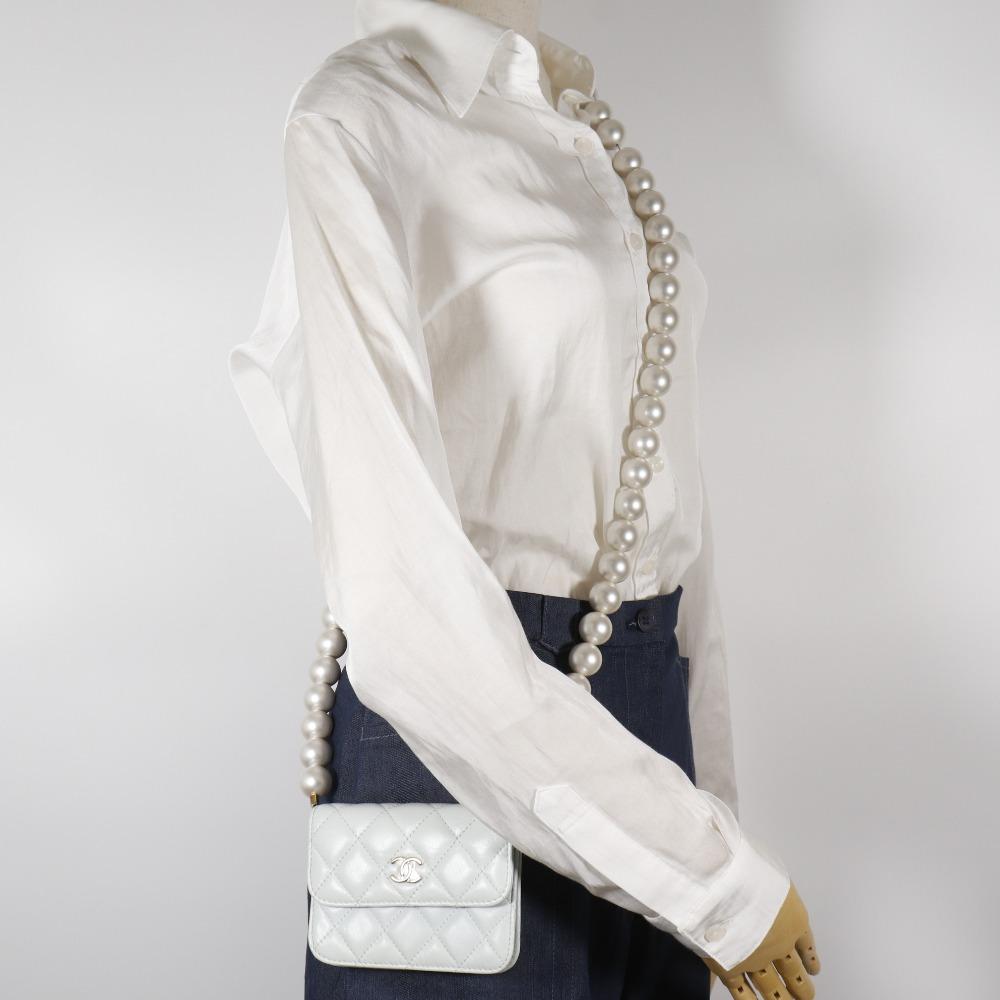 CHANEL Pearl strap flap wallet Shoulder Bag AP1838 Matelasse light blue leather/Fake pearl Women Used