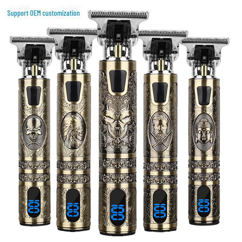 Retro T9 Electric Hair Clipper with LCD Display, USB Charging, Buddha Head Design, Oil Head Styling, and Power Push Technology.