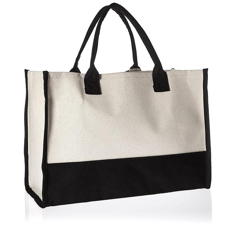 A-Z Letter Canvas Tote Bag Women Large Capacity Shoulder Handbag Contrast Color Thick Fabric Reusable Shopping Bag