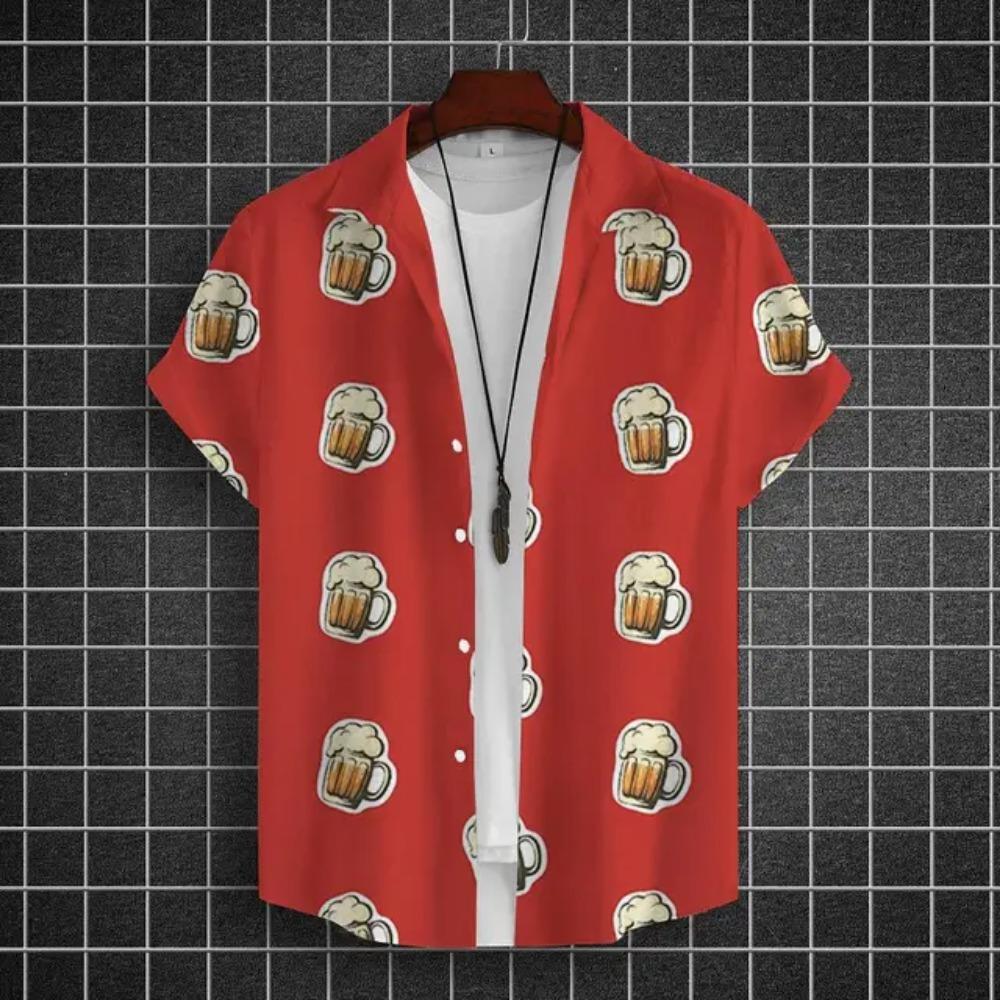 Hawajska Koszula Męska 3D z Nadrukiem Piwa Krótki Rękaw Koszule Koszulka na Imprezę Piwną T-shirty Letnie Codzienne Luźne Oversize Odzież Męska