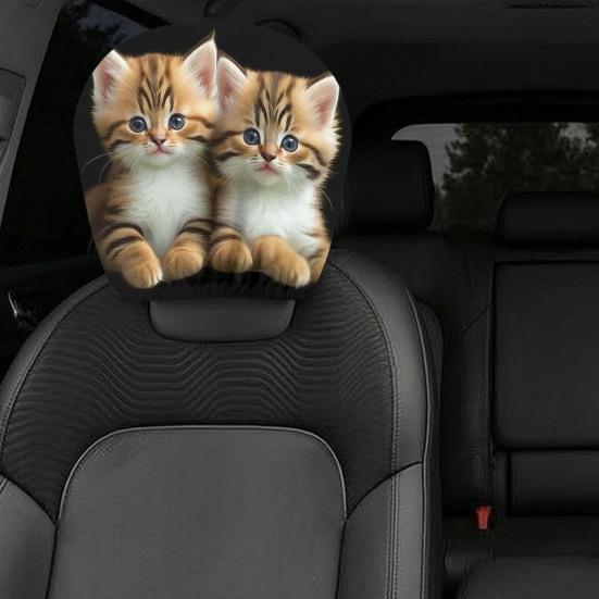 Protective Car Seat Cover 2Pcs Cute Cat Headrest Covers, Breathable Auto Elastic Fabric Sleeve Protectors, Stretchy Universal Interior Accessories for