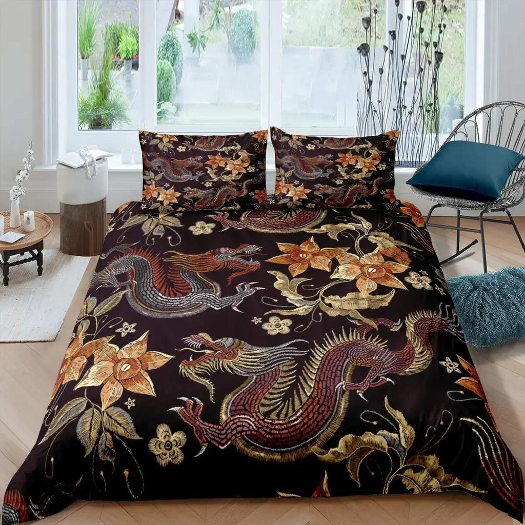 Magical Dinosaur Bedding Set Fire Dragon Duvet Cover Set Jungle Animals Pattern Wildlife Style King Size Polyester Quilt Cover