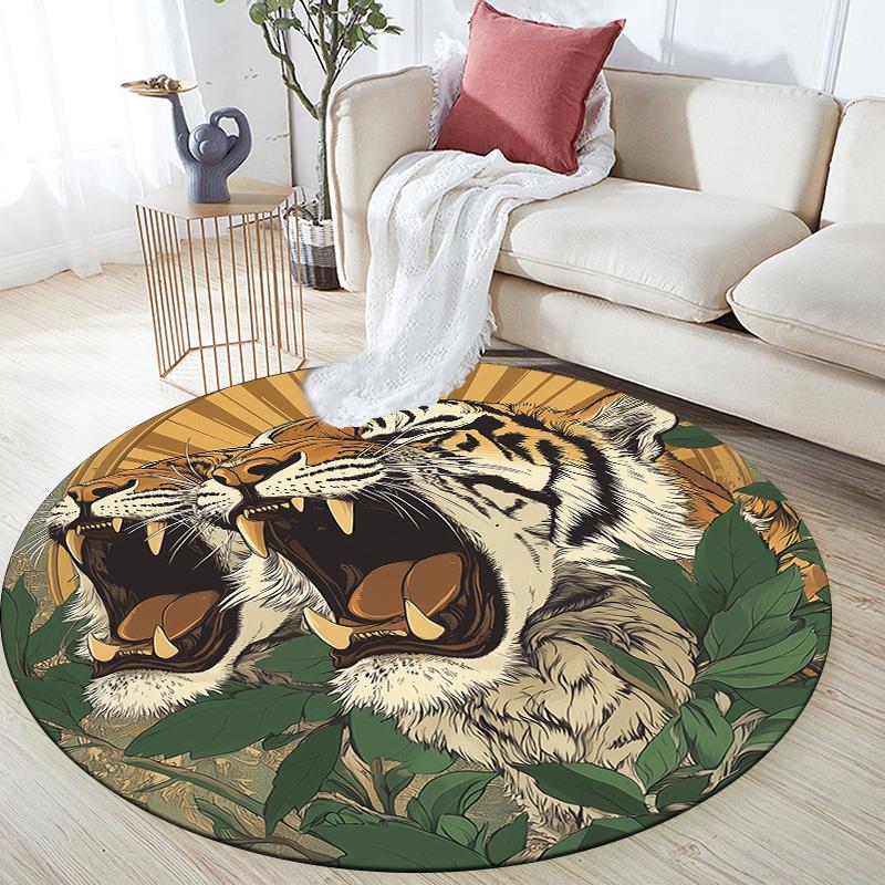 Leaf Tiger,Round Area Rug,Carpet Rug for Living Room Bedroom Sofa Playroom Decor,Non-slip Floor Mat