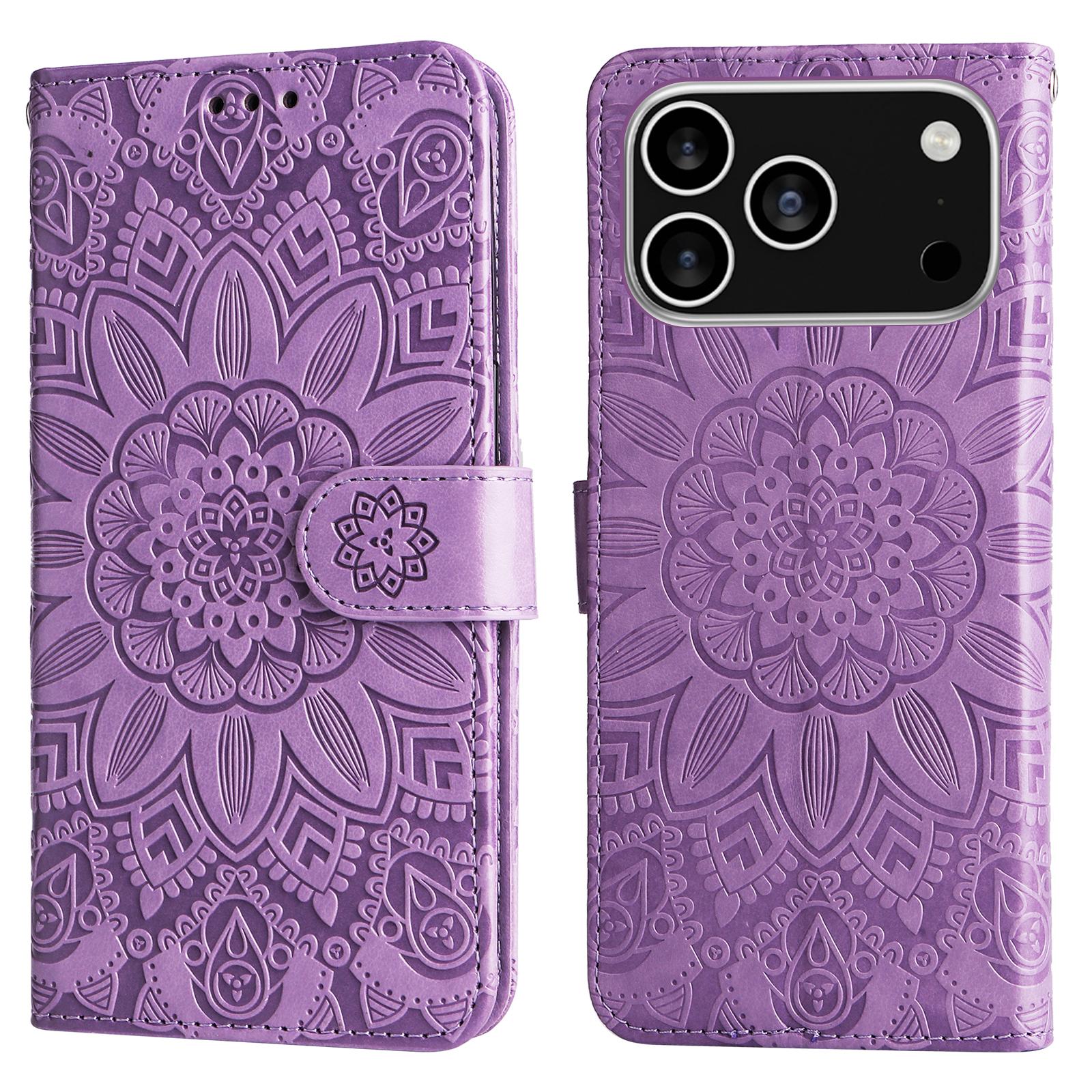

For iPhone 17 Pro Case Sunflower Imprint Leather Wallet Phone Cover Purple
