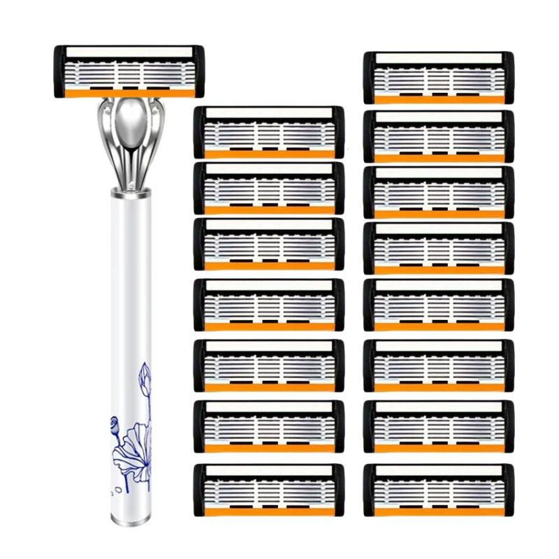 Shaver Handle Stainless Steel Old-fashioned Shaver for Men's Six Layer Blade Head Manual Metal Knife Holder