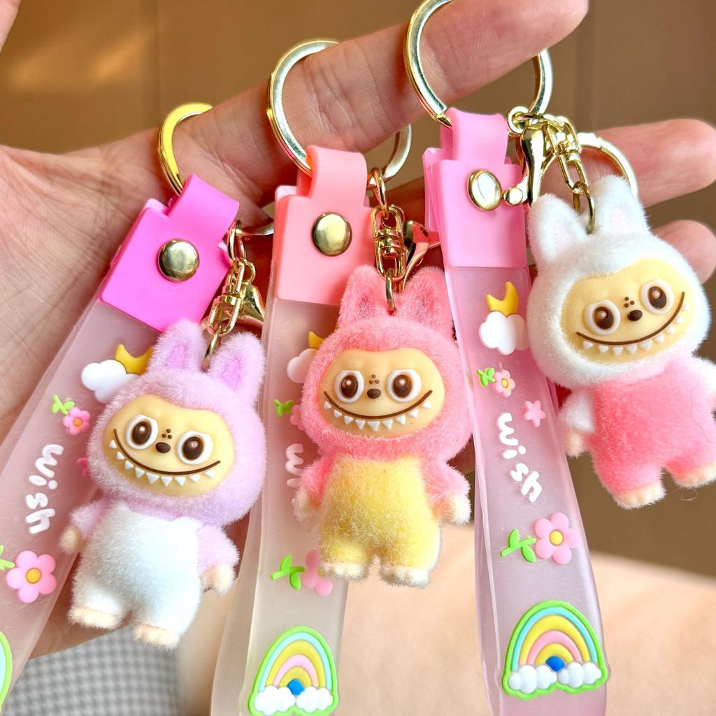 Cartoon Rab Flocked Keychain Pendant Labubu Schoolbag Pendant Cute Three-dimensional Doll Key Chain