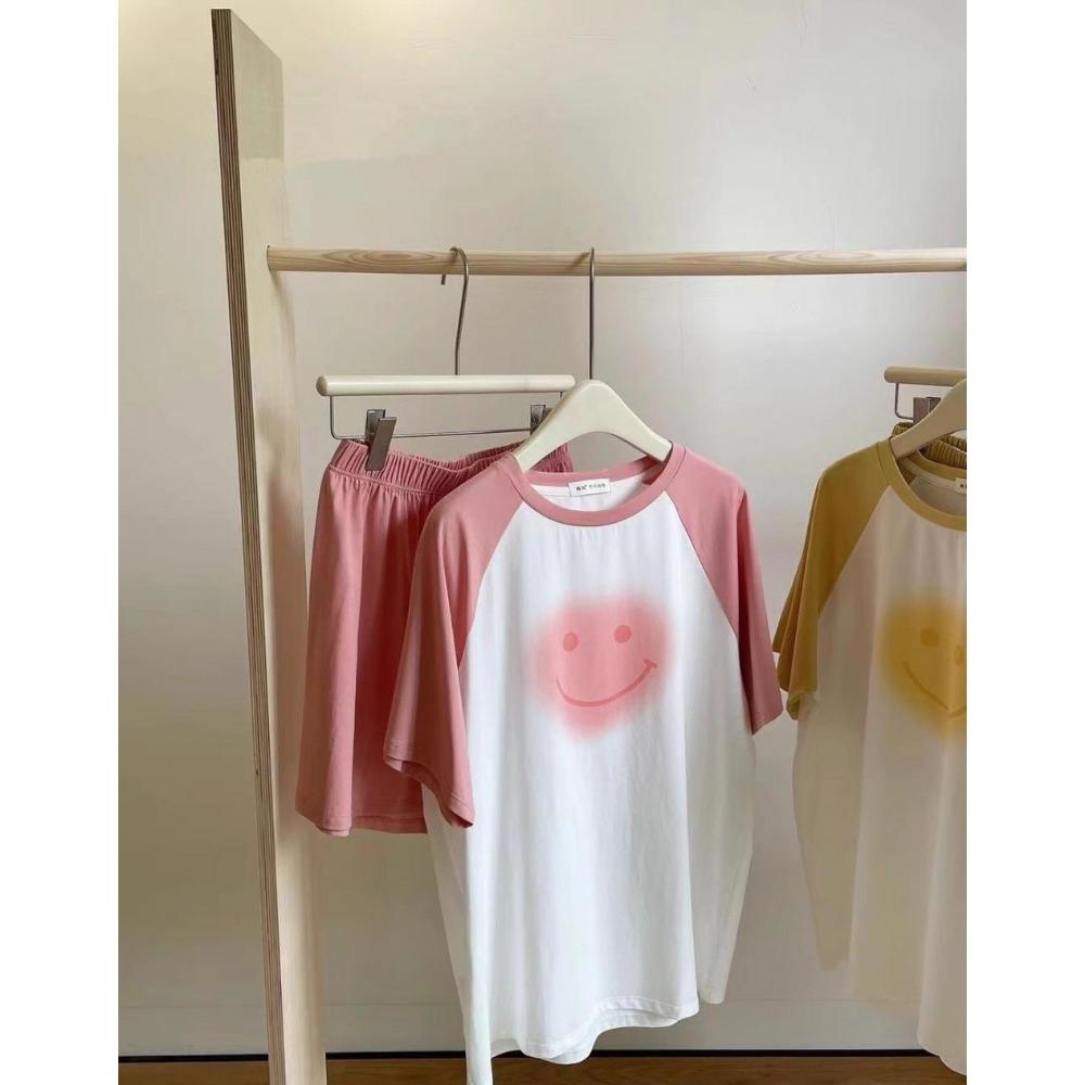 New Summer Color-blocking Short-sleeved Pajamas Set for Women's Gradient Smiley Face Sweet and Cute Cartoon Thin Style