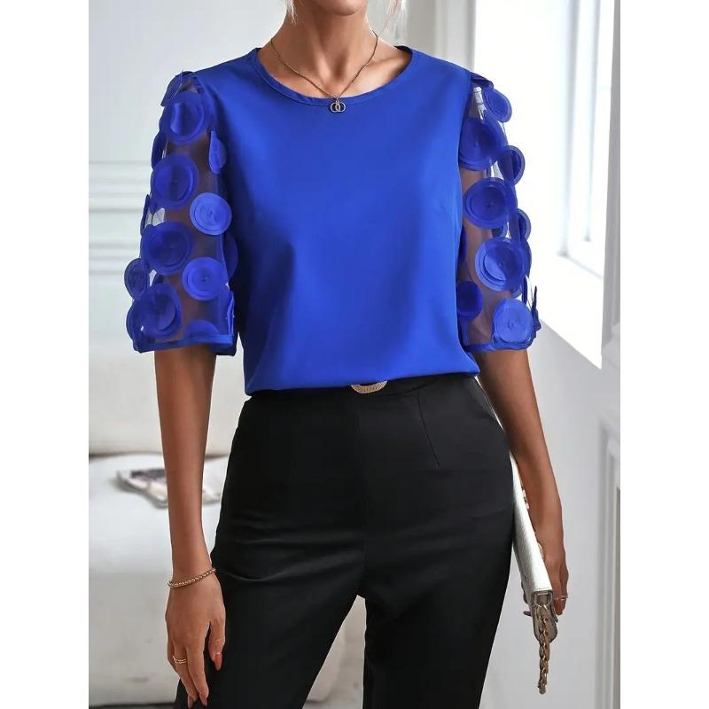 HNXC Damenmode, lässig, einfarbig, mit Druck, kurzärmelig, Rundhalsausschnitt, Blusen & Hemden