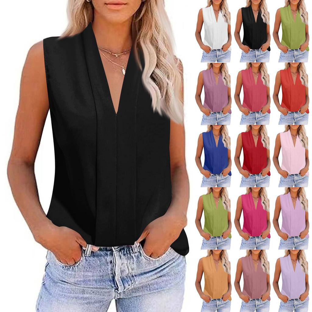 Women's Summer Fashion V-Neck Casual Sleeveless Blouse Color Tops