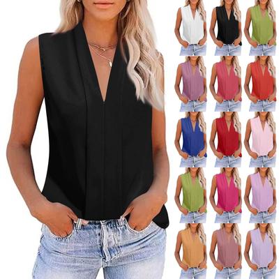 Women's Summer Fashion V-Neck Casual Sleeveless Blouse Color Tops