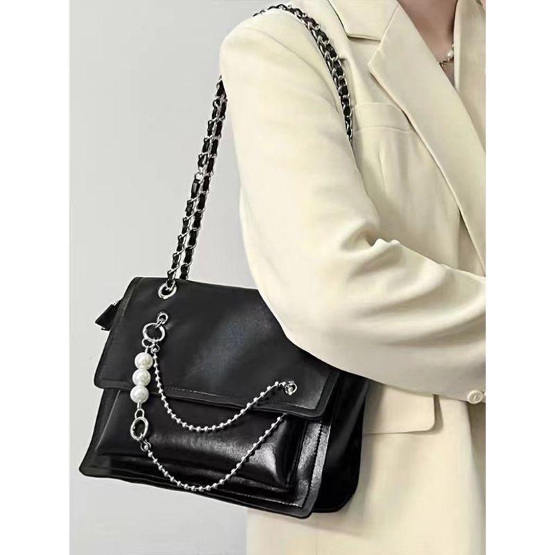 JIAERDI Solid Color Beaded Chain Handbag Women Leather Large Capacity Shoulder Bag Ladies Fashion Versatile Commute Tote Bag New