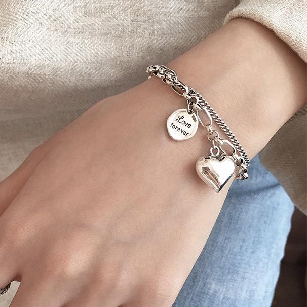 Sterling Silver Double Layer Heart  Disc Bracelet - Women s Retro Hip Hop Style 925 Silver