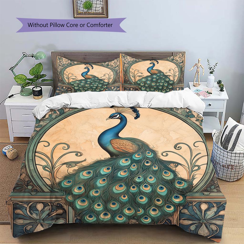 Peacock Displaying Its Tail Pattern Bedding Quilt Set Quilt Cover Pillowcase Home Decoration Gift (1 * Duvet Cover + 2 * Pillowcase, Without Core)
