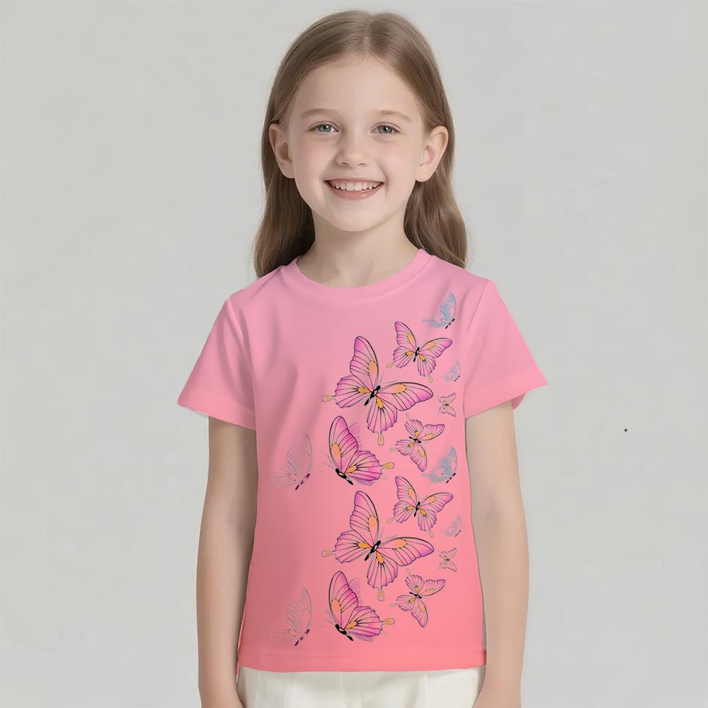 Children's T-shirt Short Sleeved T-shirt Gradient Butterfly Girl's Shirt Top T-shirt Children's T-shirt Round Neck Girl's Shirt