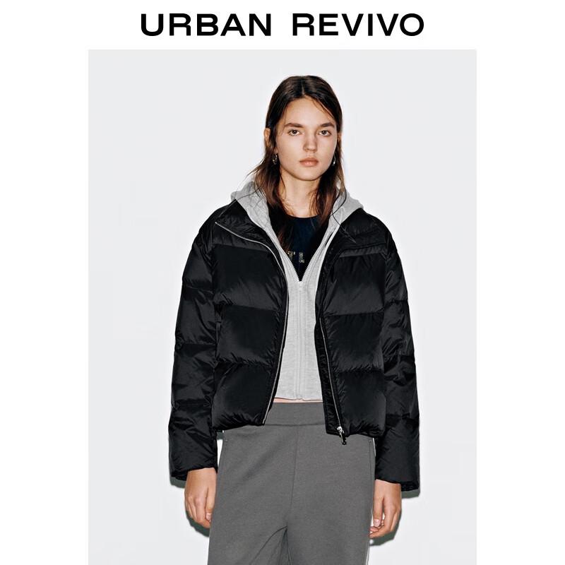 UR Women's Casual Color-block Faux Two-piece Hooded Drawstring Down Jacket