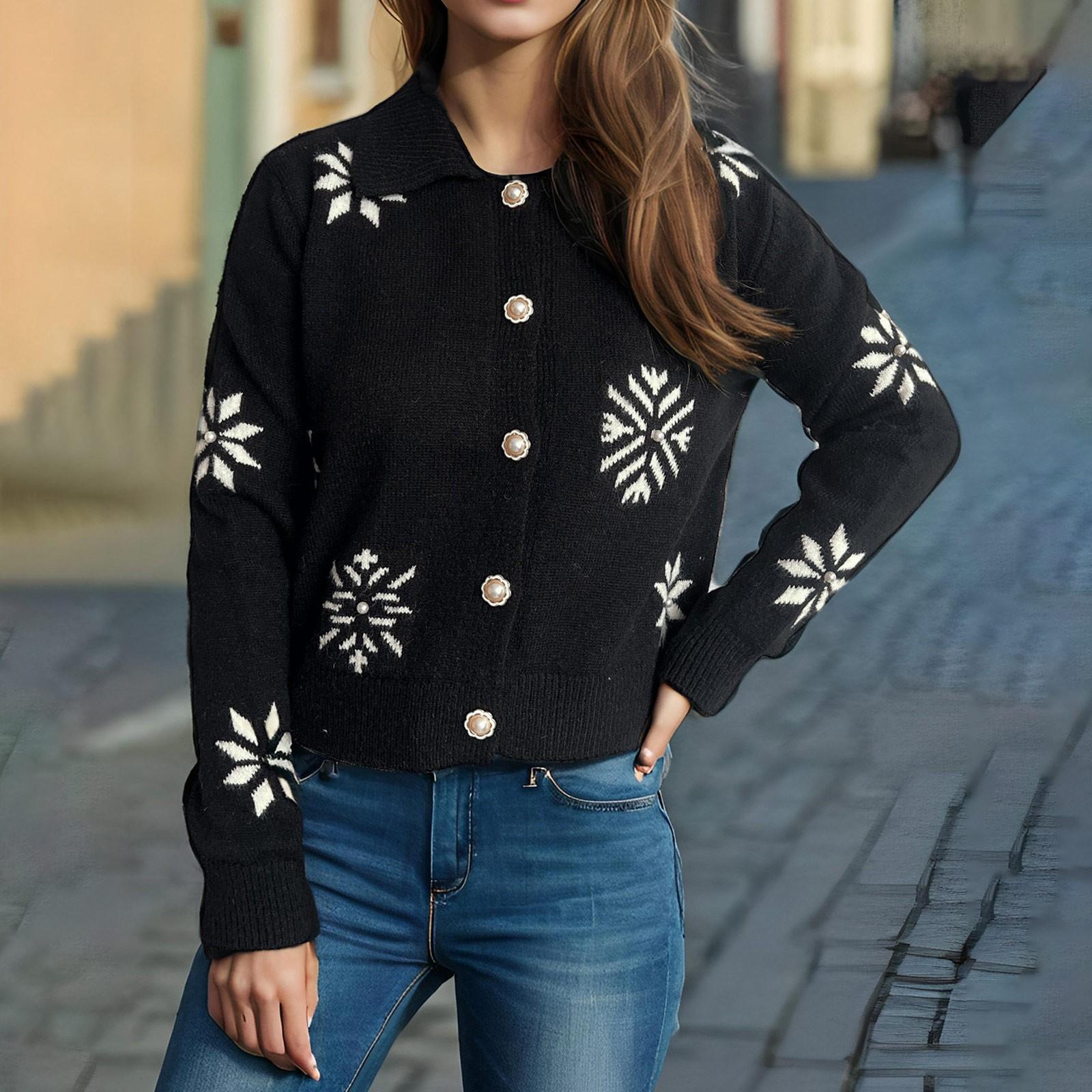 Осенне-зимний вязаный кардиган с бисером для женщин со снежинками на лацканах свежий и милый стиль мягкие и липкие длинные рукава универсальный свитер L чёрный 2338₽