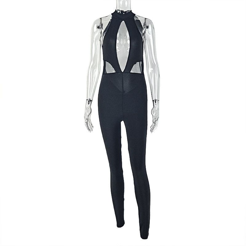 

European and American Style Cross-Border Women s Fashion Hollow-Out Niche Personality Sports Jumpsuit Slim-Fit Solid Color Casual Street Long Jumpsuit Black S