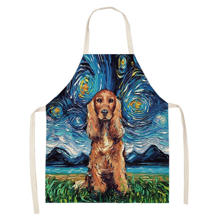 Schürze im Ölgemälde-Stil, Sternenhimmel-Hintergrund, Hund, Leinen, Baumwolle, kreative Eltern-Kind-Schürze, Familienküche