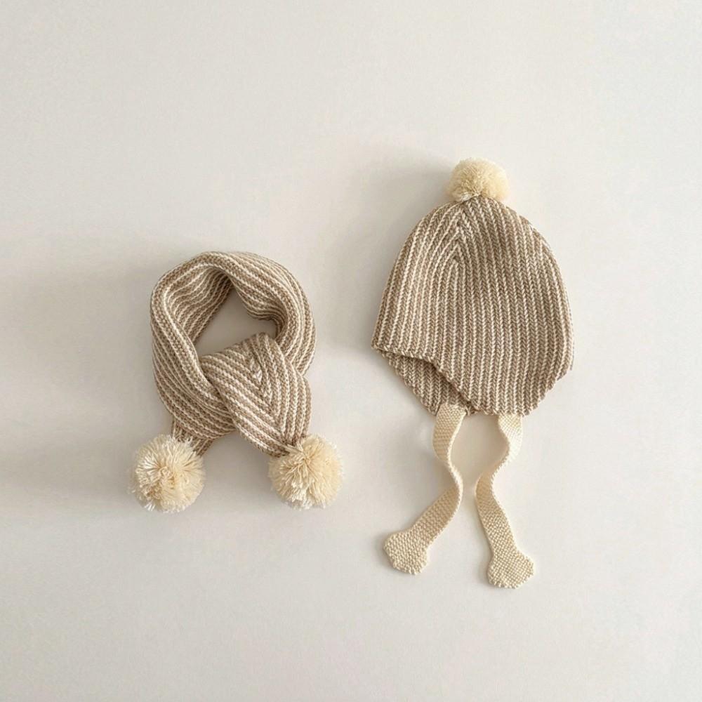 2Pcs/Set Stripe Knitted Pom Pom Hat Vintage Neck Warmer Casual Children Hat Scarf Set Outdoor