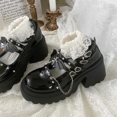 Women Lolita Shoes Mary Jane Shoes Metal Chain Decoration Platform Gothic Pumps Female Japanese Patent Leather JK Punk Shoes