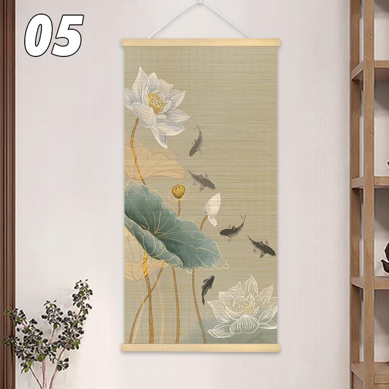 Chinese Style Bamboo Curtain Roller Lotus Flower Study Zen Tea Room Hanging Painting Background Decor Rolling Curtain Mural