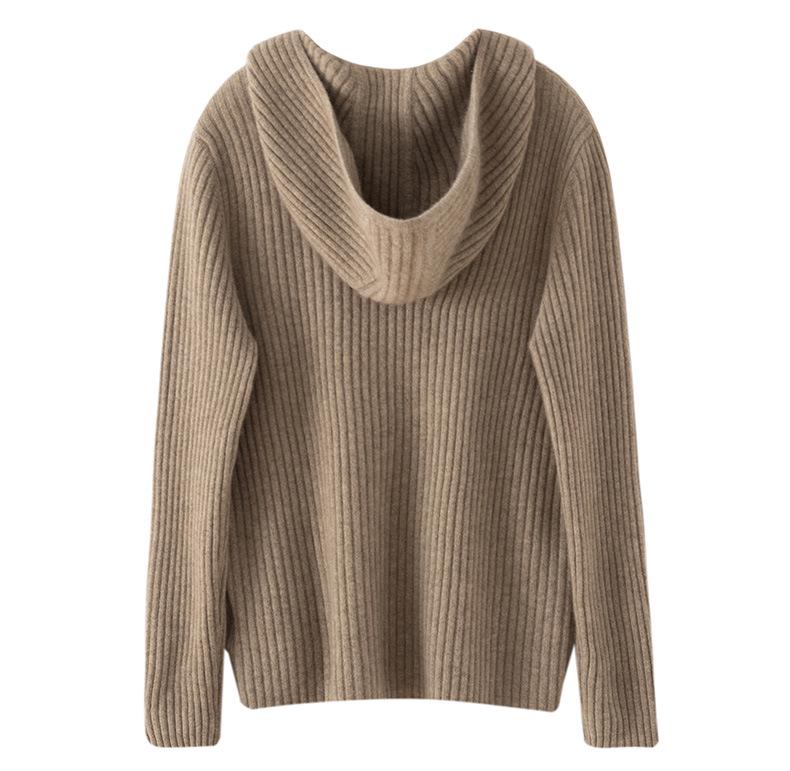 Women's 100% Pure Cashmere Ribbed Knit Hoodie Sweater - Autumn Winter Casual Wear