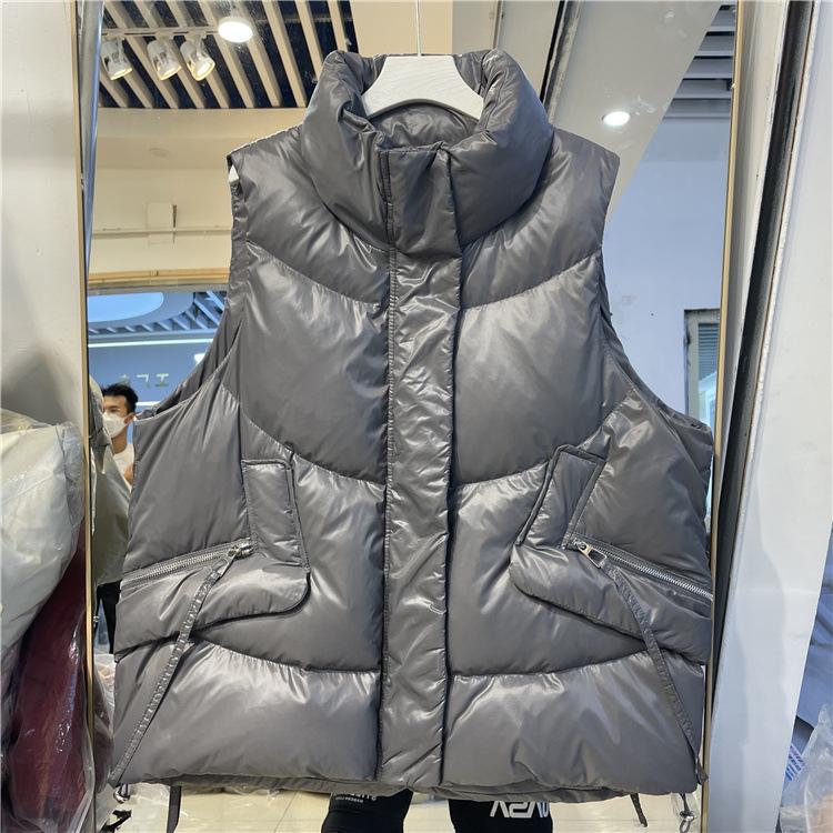 

Женская осенне-зимняя куртка на белом утином пуху, жилет с мягким воротником-стойкой, карман на молнии, утолщенный свободный однотонный цвет S серый