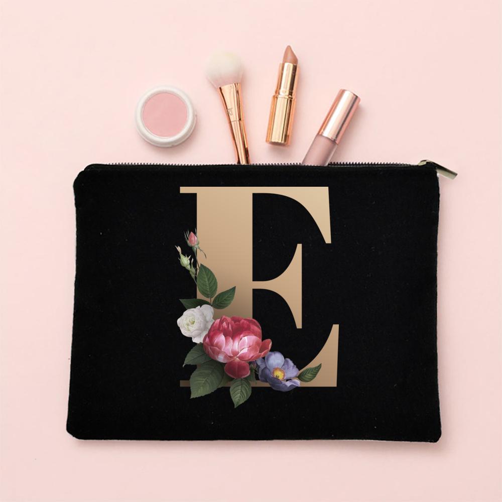 Alphabet Floral Makeup Bag Bridesmaid Maid of Honor Holiday Wedding Bachelorette Party Gift Canvas Cosmetic Zipper Storage Pouch