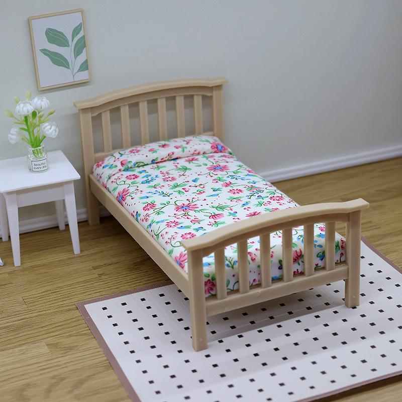 1 Piece 1:12 Dollhouse Accessories Miniature Floral Single Bed Model Mini Furniture Bedroom Micro Scene Decoration