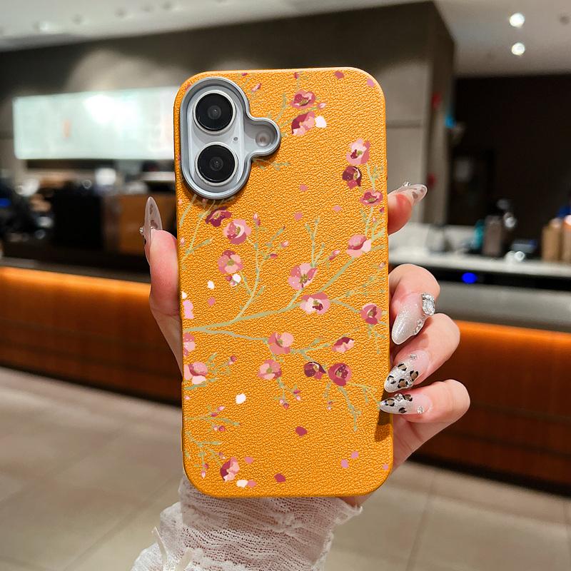 Shockproof Soft Tpu Peach Blossom Pattern Phone Case for iPhone 16 Pro 15 14 Plus 13 12 Pro Max 11 Leather Texture Plain Color Slim Cover