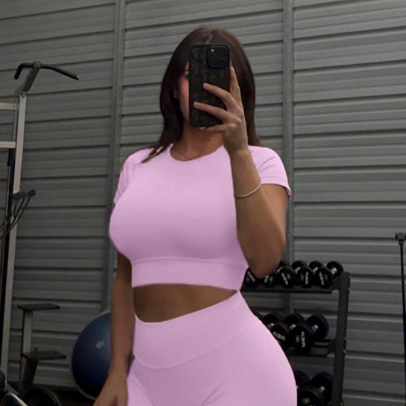 

Irongirl Yoga Short Sleeve Women s High Elastic Tight Slim Looking Sports Tops Sexy Short Shoulder Workout Clothes T-shirt Barbie powder S(47.50 kg-50.00 kg)