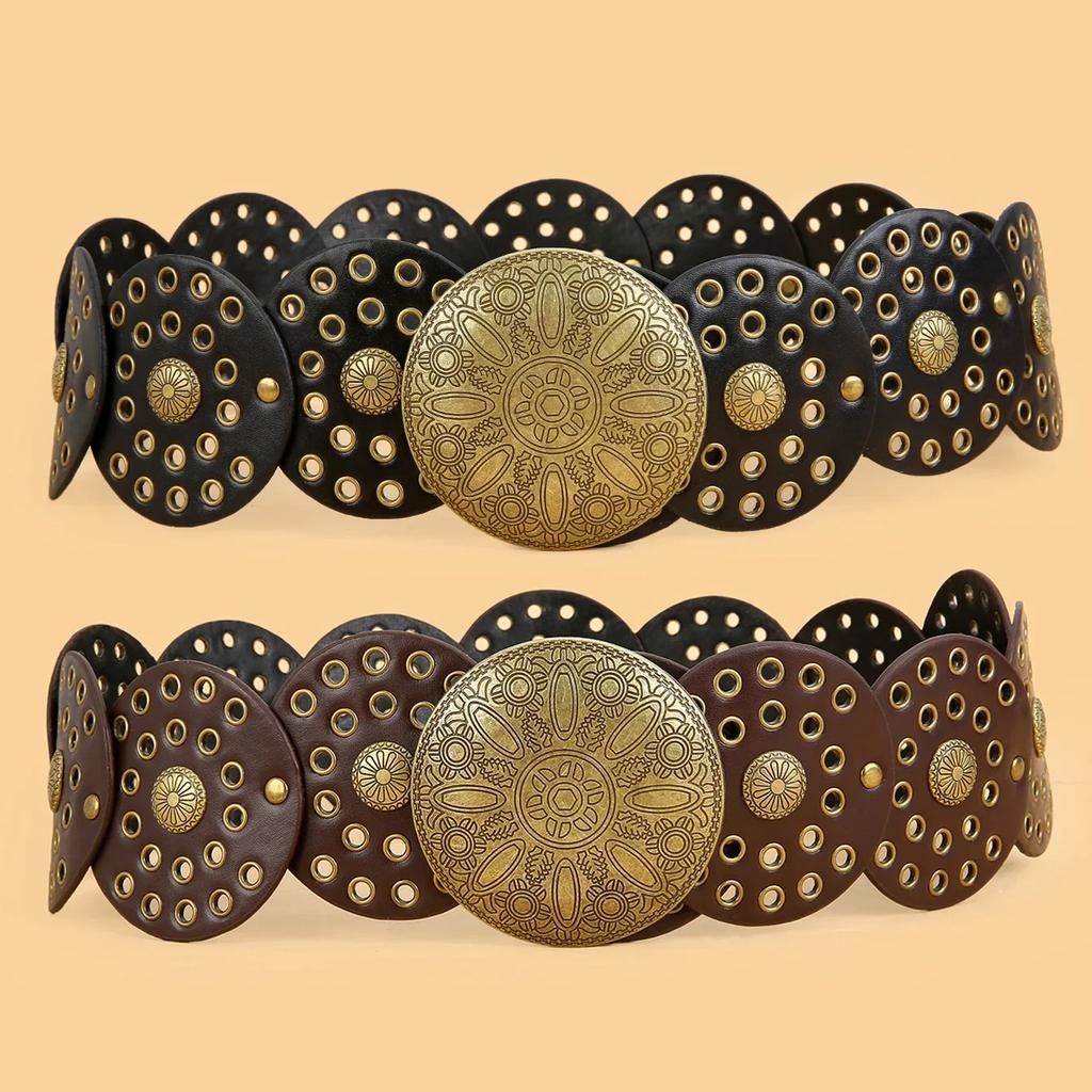 Women Spice Y2K Harajuku Style Vintage Rivet Patchwork Design Wide Belt Street Faux Leather Waistband