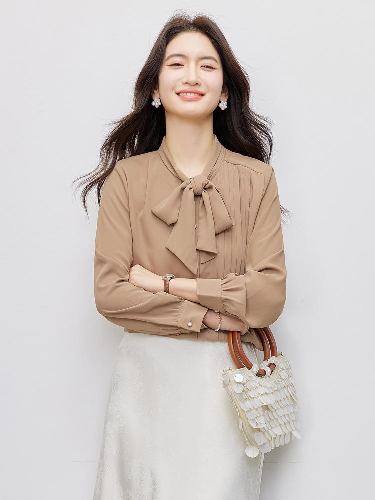2026 New Women's White Bow Design Long Sleeve Fashion Shirt for Work
