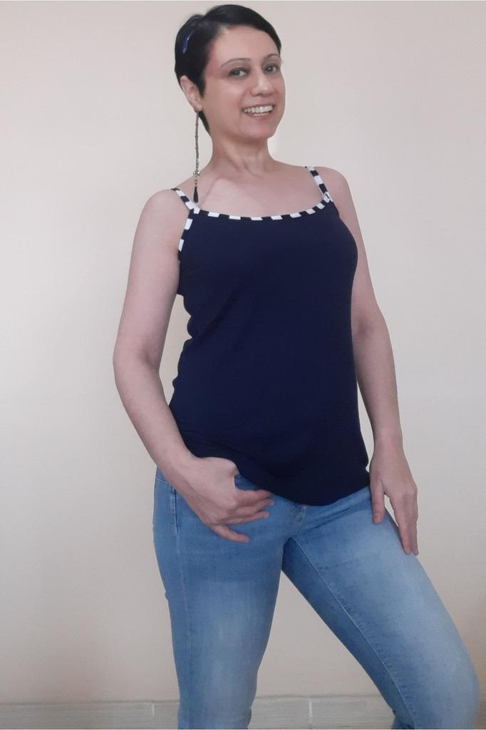 Women's Style Big Size T-Shirt Navy Blue Combed Viscose Thread Strap T-Shirt With Piping Detail