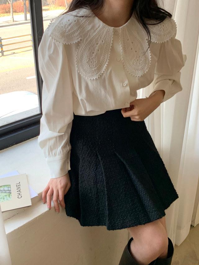 Frühling/Herbst 2025 Damen Retro Spitze Peter Pan Kragen Puffärmel Top