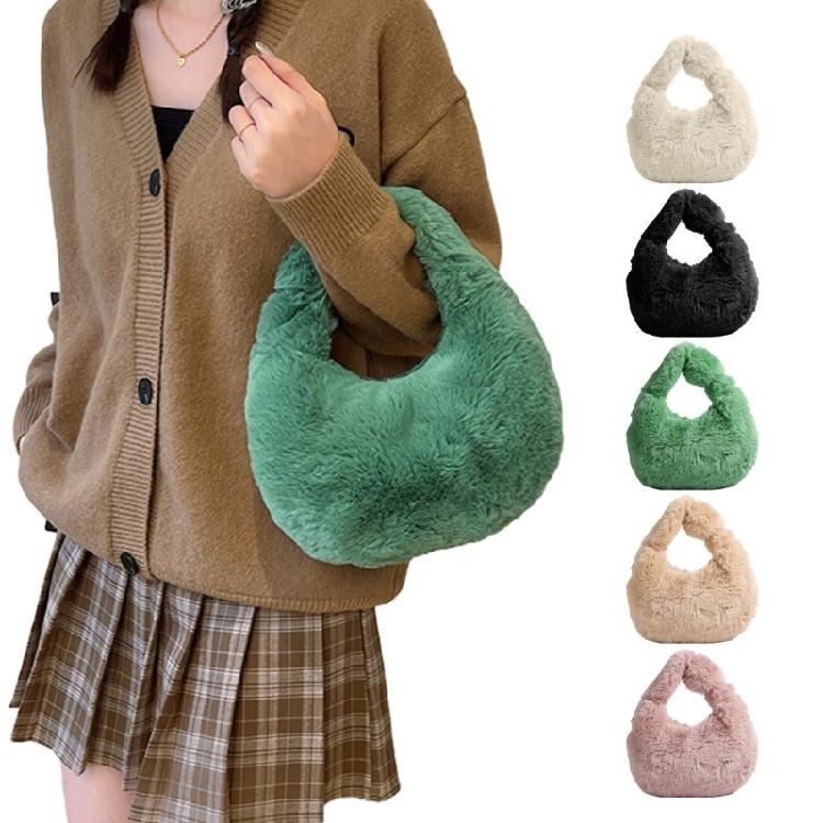 Faux Furs Shoulder Bag with Tie Zipper Casual Shoulder Bag Half Moon Purse Bag