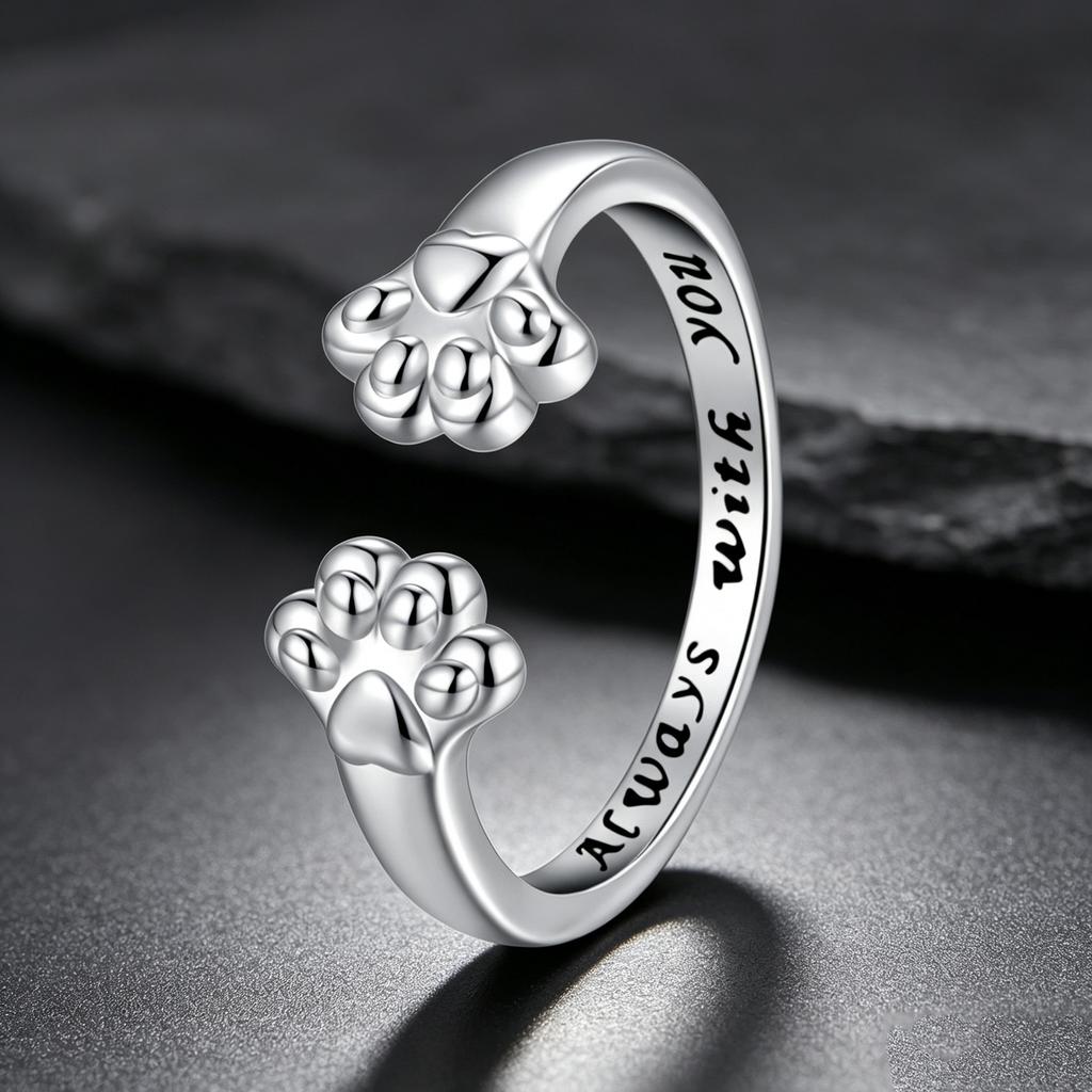 Elegant Simple Female Metal Cat Paw Letter Adjustable Open Ring Vintage Rose Gold Silver Color Wedding Jewelry For Women