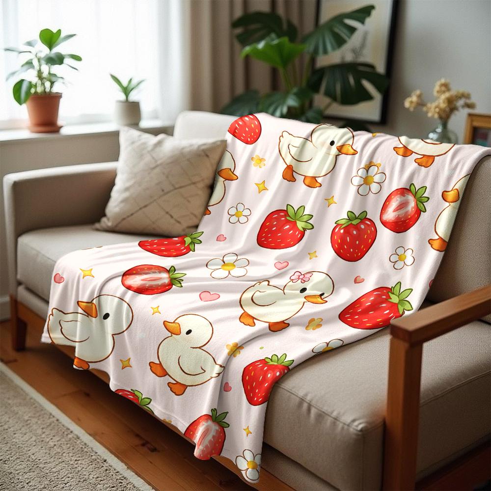 Cute Duck Strawberry Mix Anime Cartoon Flannel Blanket Soft Warm Throw for Bedroom Sofa Car Kids Holiday Gift